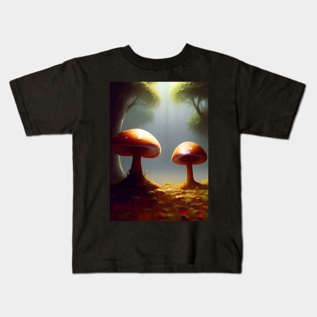 DREAMY MUSHROOMS IN SUNLIT FOREST GLADE Kids T-Shirt by sailorsam1805